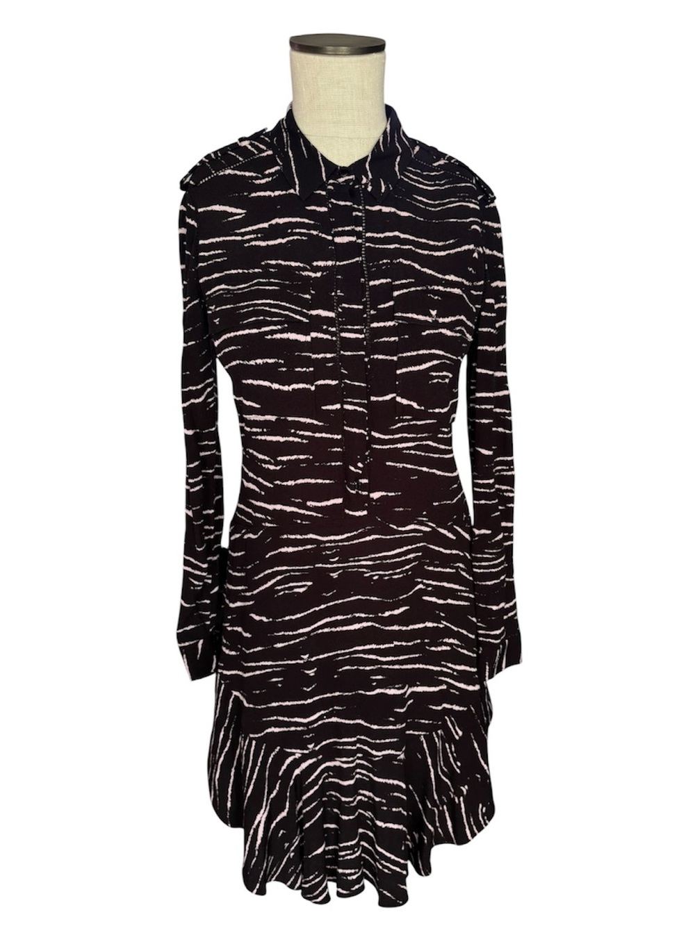 REBECCA TAYLOR Zebra Print Dropped Waist Button Collard Black Pink Dress Sz 0